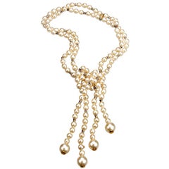 Vintage CHANEL Double Strand Pearl & Rhinestone Lariat  Necklace