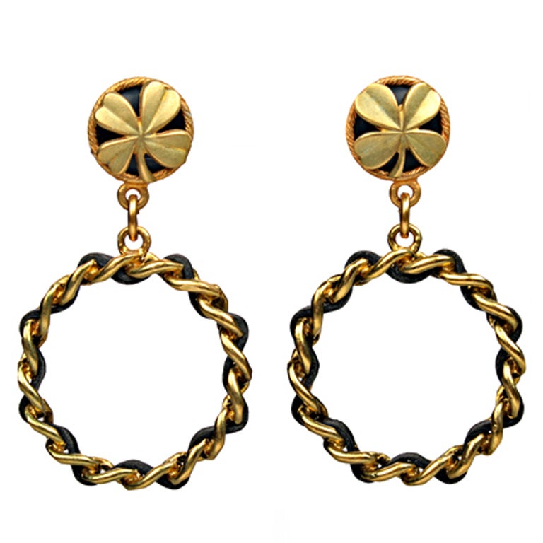 CHANEL Clover Woven Metal and Leather Hoop Earrings