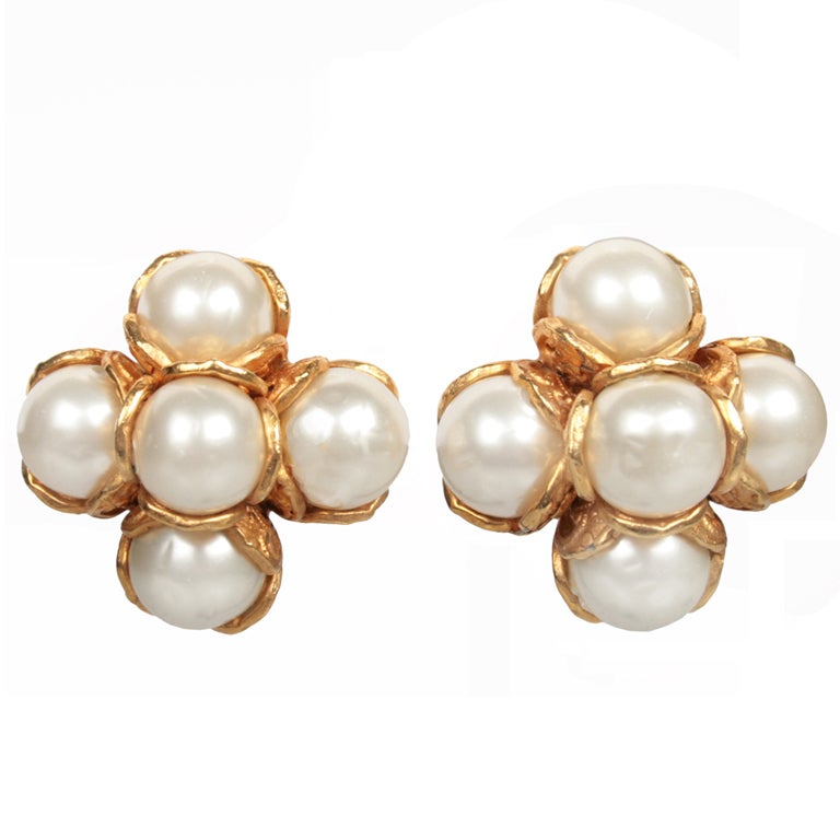 Elegant CHANEL Pearl Cluster Earrings For Sale