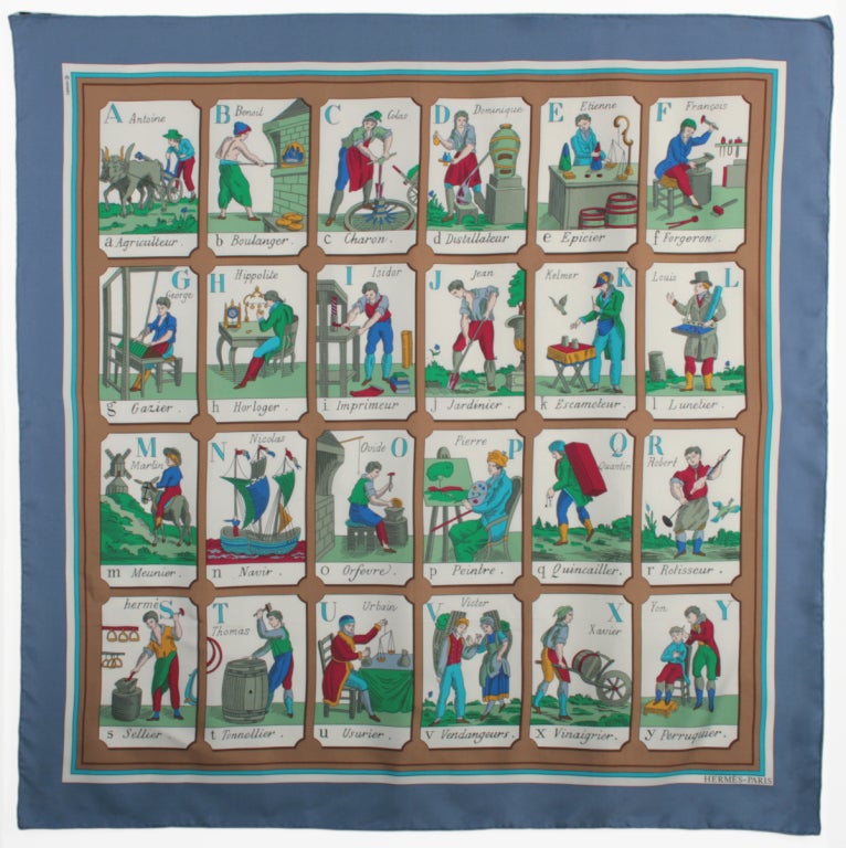 An alphabet Scarf by Hermes, featuring French mens names and their professions from the late 1800's. This design was first produced in 1945. This piece is in beautiful condition and would also would look great framed.