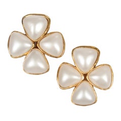 Pair of CHANEL Clover Shaped Pearl Earrings