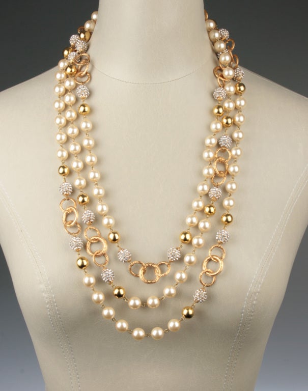 Women's Long CHANEL  Necklace with Pearls, Rhinestones and Rings
