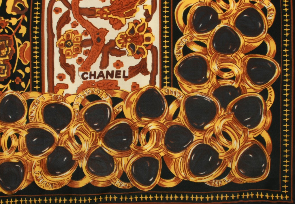 Women's CHANEL Silk Scarf in Warm Brown Tones and Jewelled Border For Sale