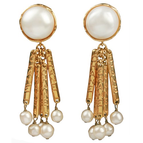 CHANEL Dangle Earrings with Faux Pearls