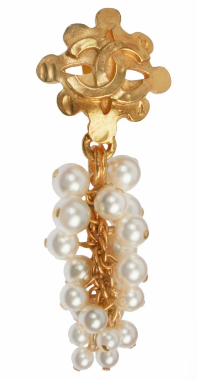 These CHANEL Logo earrings are great looking on with small faux pearls resembling clusters of grapes
The small pearls are 5/16