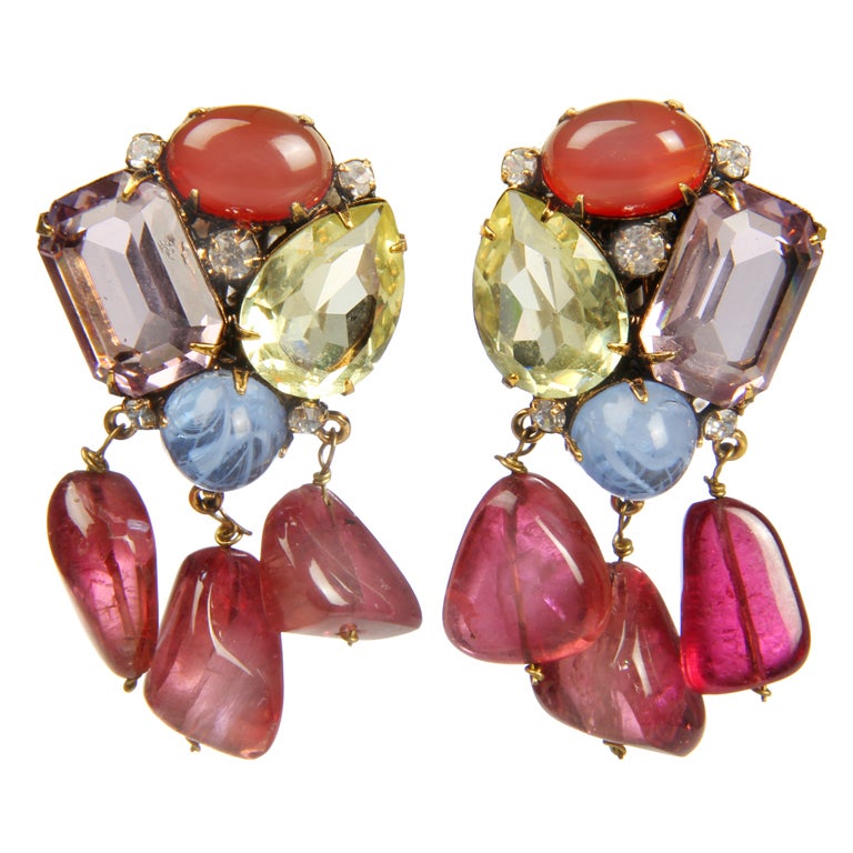 Vintage Iradj Moini Glass, Stones and Rhinestone Dangle Earrings