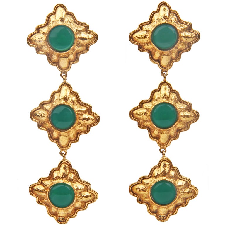CHANEL long Dangle Earrings with Poured  Green Glass