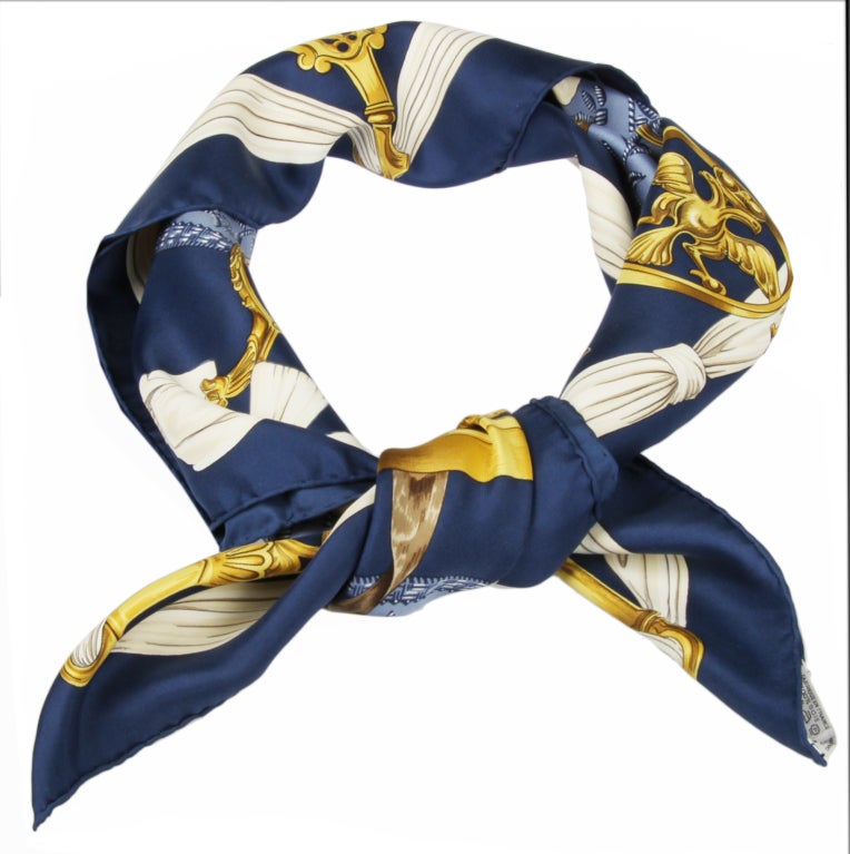 Hermes Silk scarf in blues and gold.
