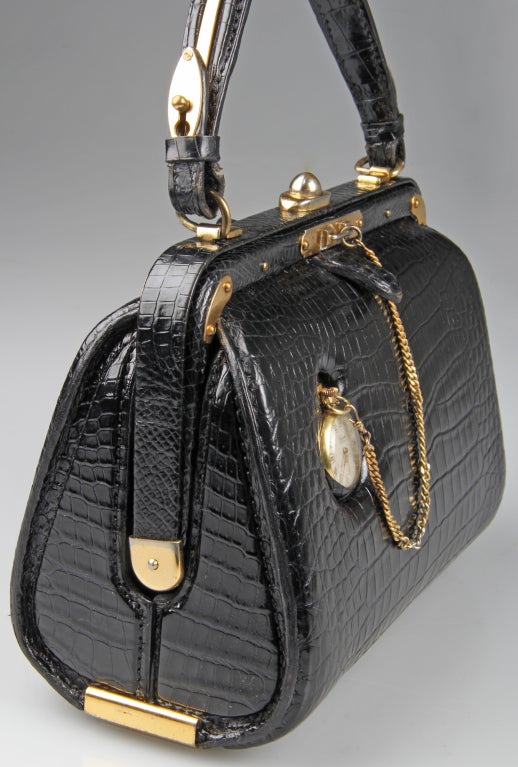 Vintage Surrealist Fernande Desgrandes Handbag with Pocket Watch In Excellent Condition In Chicago, IL