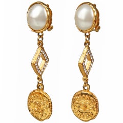 CHANEL Logo Earrings with Rhinestones and Pearls