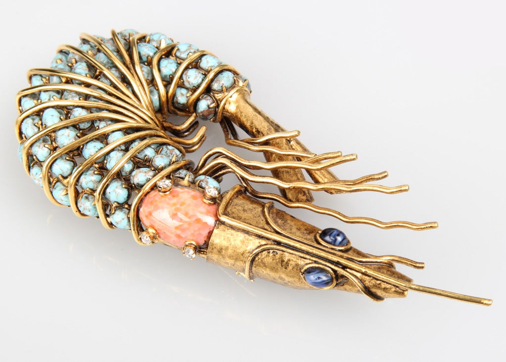 This is a beautifully constructed vintage Brooch In the form of a shrimp