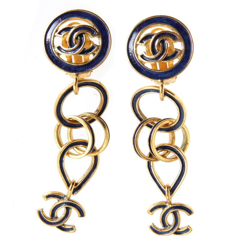 CHANEL Blue Enamel Drop Logo Earrings