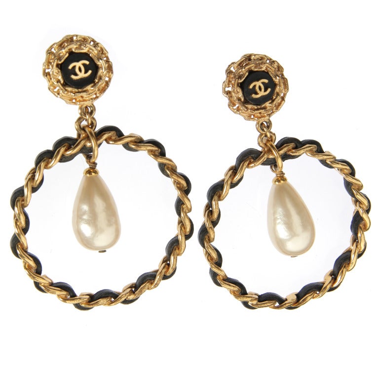 Large CHANEL Twisted Hoop Earrings with Leather, Pearl and Logo