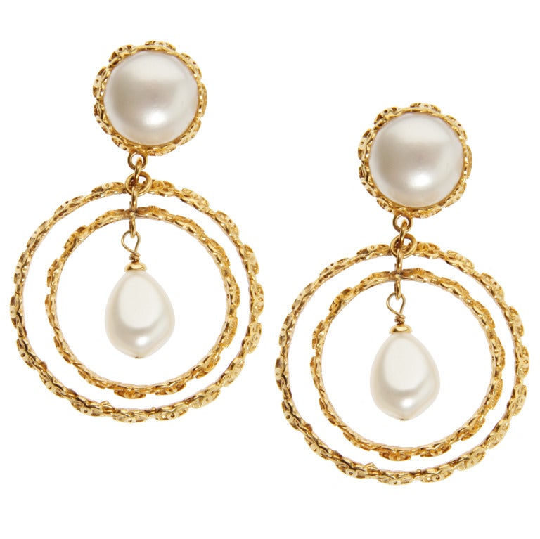 CHANEL Double Hoop Logo  Earrings with Pearls