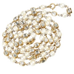 Vintage CHANEL Long  Pearl, Rhinestone Headlights and Rondells Necklace