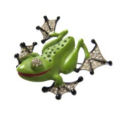 Rare Chanel Novelty Company Enameled Frog Brooch with Rhinestones