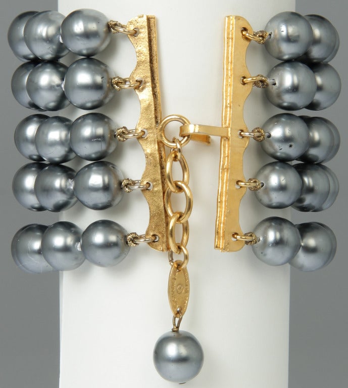 CHANEL  Silver Gray 5 Strand Pearl Bracelet In Excellent Condition In Chicago, IL