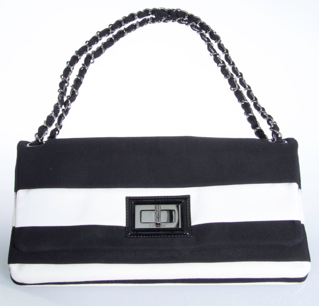 CHANEL Black and White  Grosgrain Classic Flap Bag In Excellent Condition In Chicago, IL