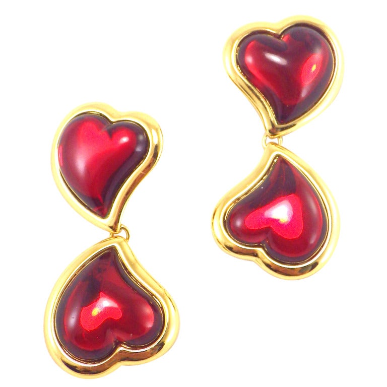 Yves Saint Laurent Gripoix Poured Glass Heart Drop Earrings