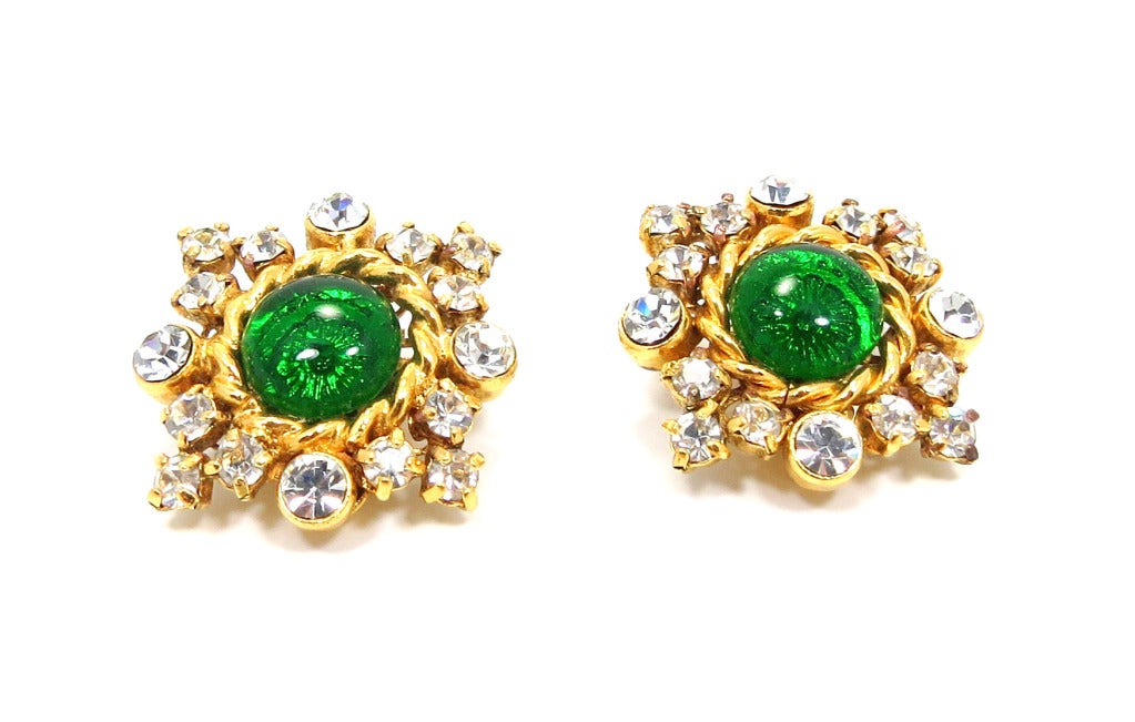 Chanel Gilt Frame Poured Green Glass and Paste Earrings