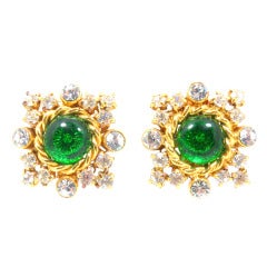 Chanel Gilt Frame Poured Green Glass and Paste Earrings