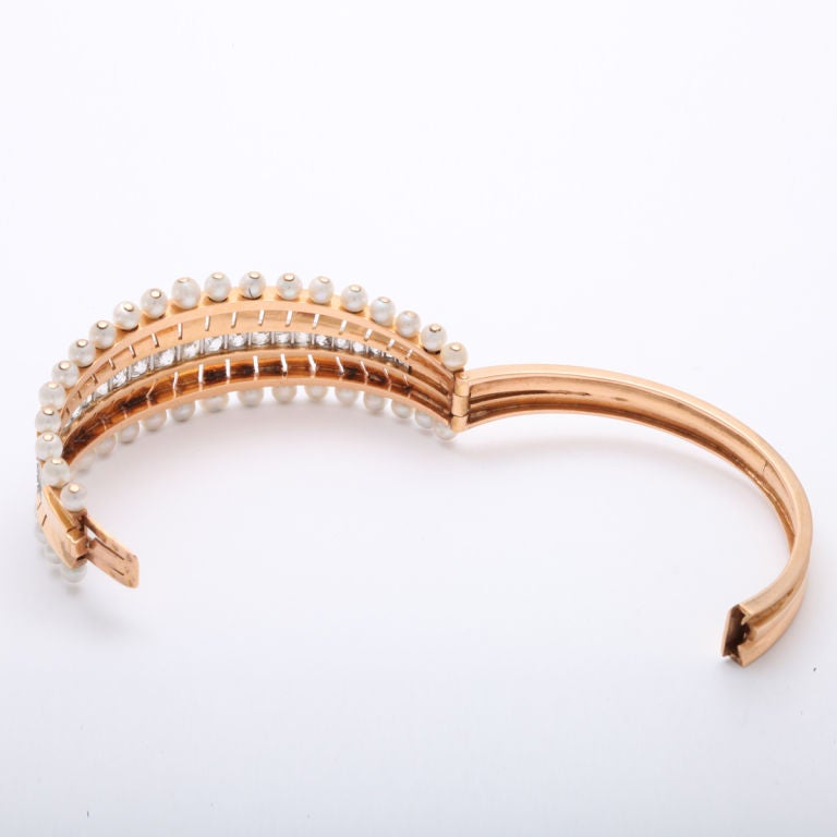 French Retro Bangle Bracelet of 18 k Gold with Natural Pearls & Diamonds