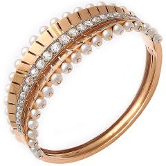 French Retro Diamond Gold Pearl Bangle Bracelet