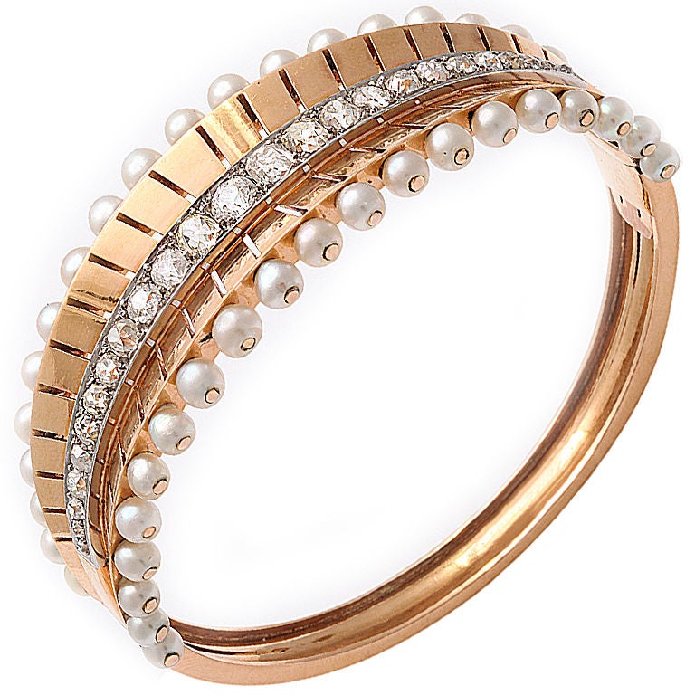French Retro Diamond Gold Pearl Bangle Bracelet For Sale