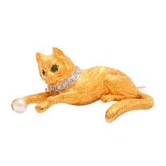 Antique Cat and Ball Gold Pearl Brooch