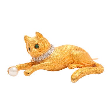Antique Cat and Ball Gold Pearl Brooch at 1stDibs