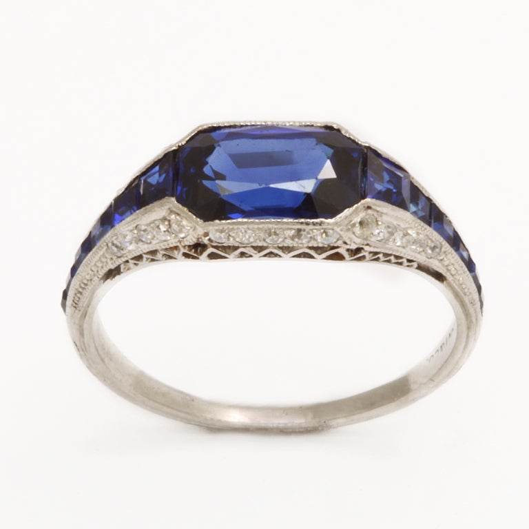 Edwardian Art Deco TIFFANY Sapphire Diamond Platinum Ring