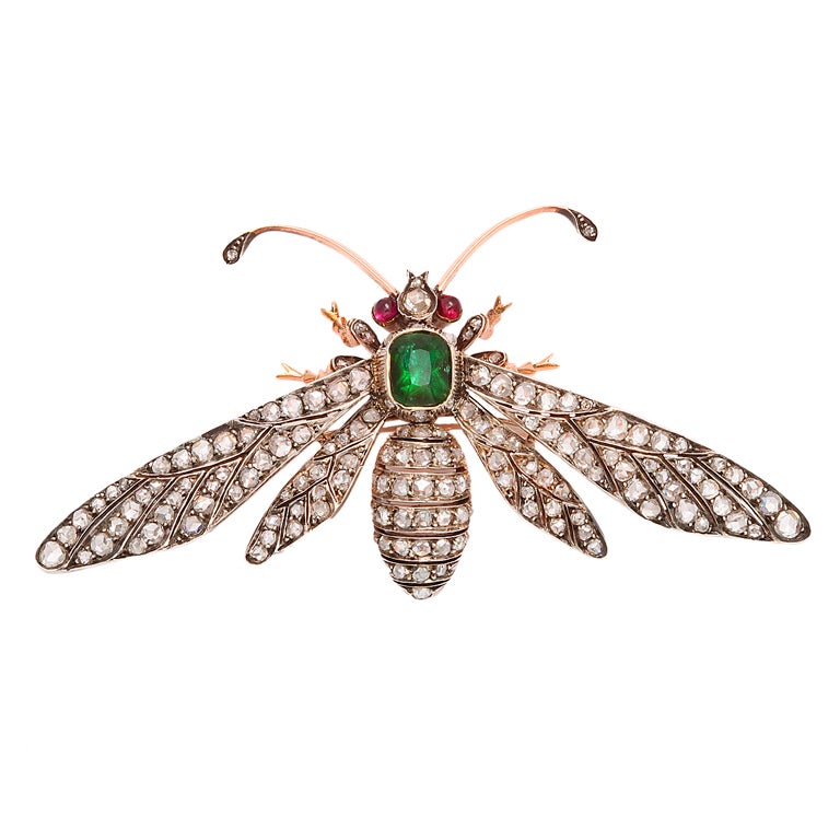 Victorian French FONTANA Emerald Diamond Wasp Pin For Sale