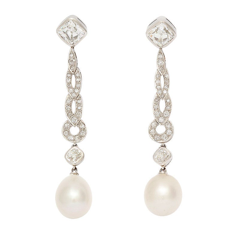 Edwardian Natural Oriental Pearl Diamond Drop Earrings For Sale