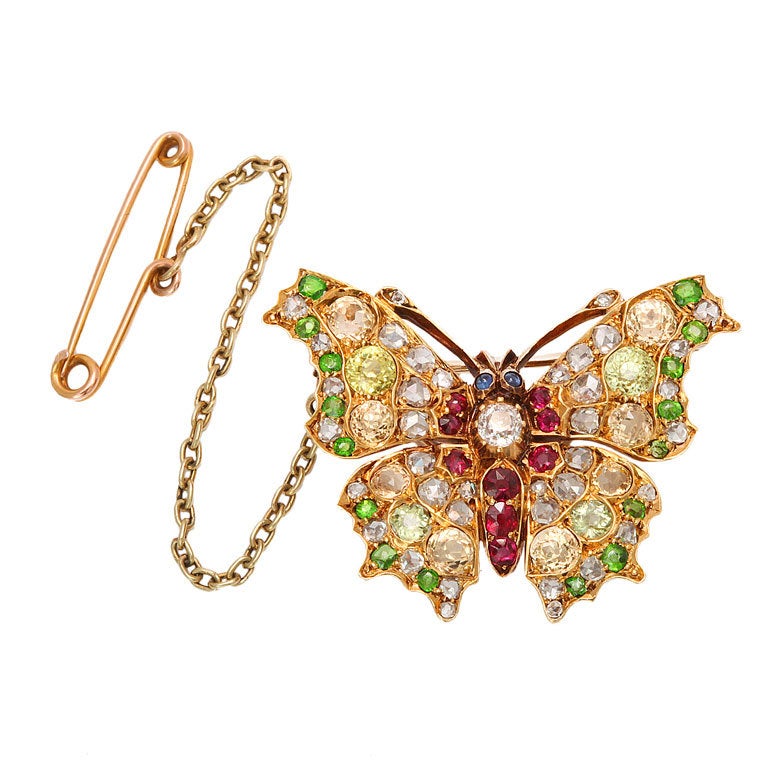 Fancy-colored Diamond and Ruby Antique Butterfly Brooch For Sale