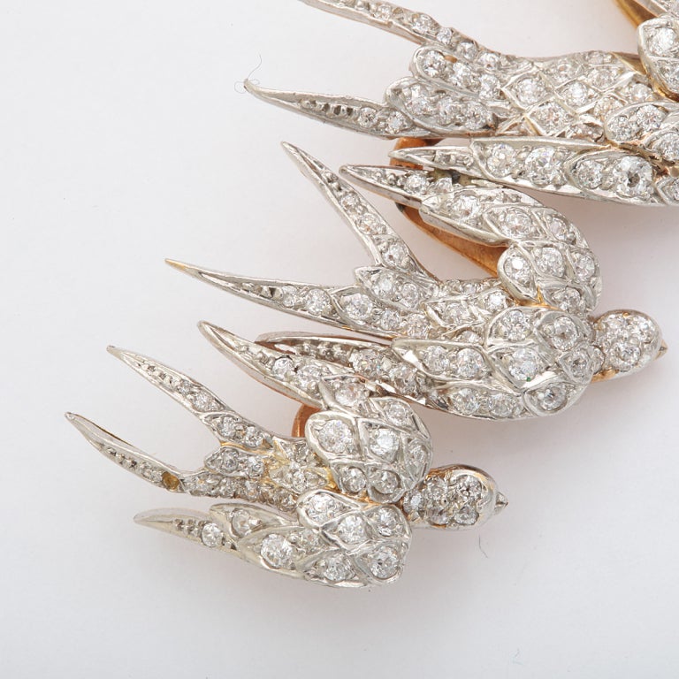 Art Nouveau Edwardian Diamond Flock of Swallows Pin