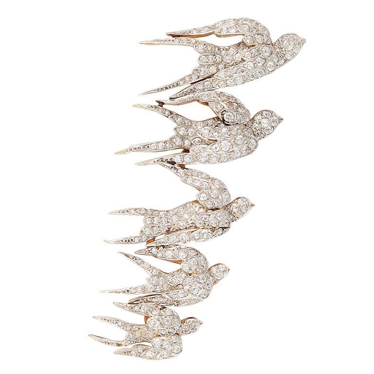 Edwardian Diamond Flock of Swallows Pin
