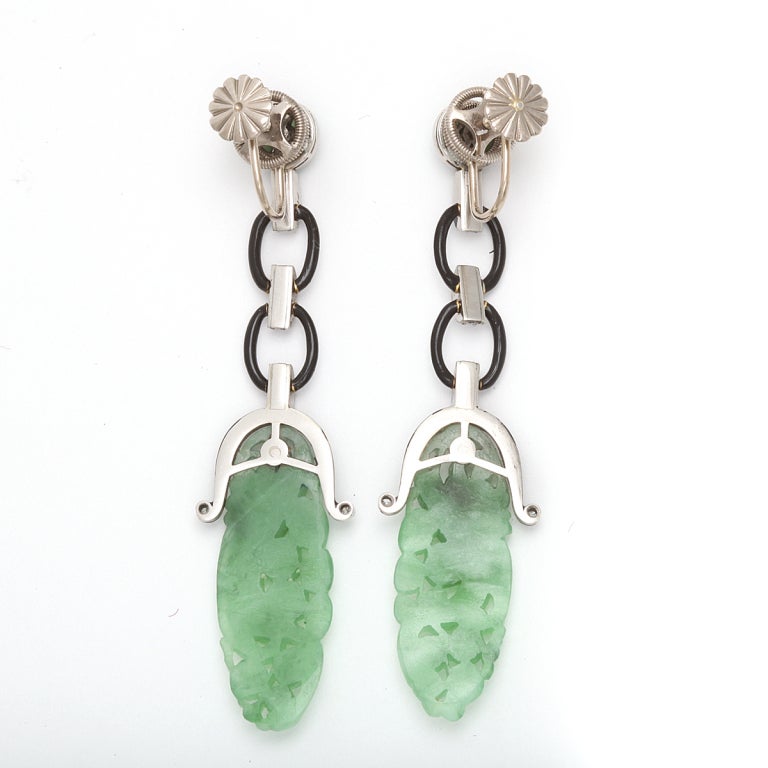 Edwardian Art Deco Carved Jade Pendant Earrings For Sale