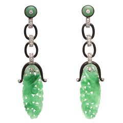 Art Deco Carved Jade Pendant Earrings