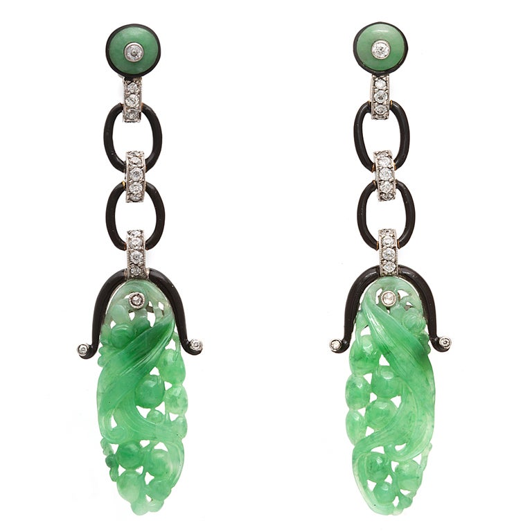Art Deco Carved Jade Pendant Earrings For Sale
