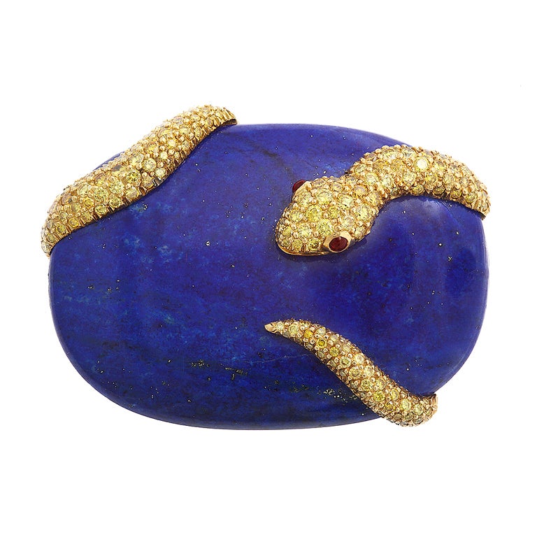 Lapis Lazuli Brooch with Yellow Diamond Snake For Sale
