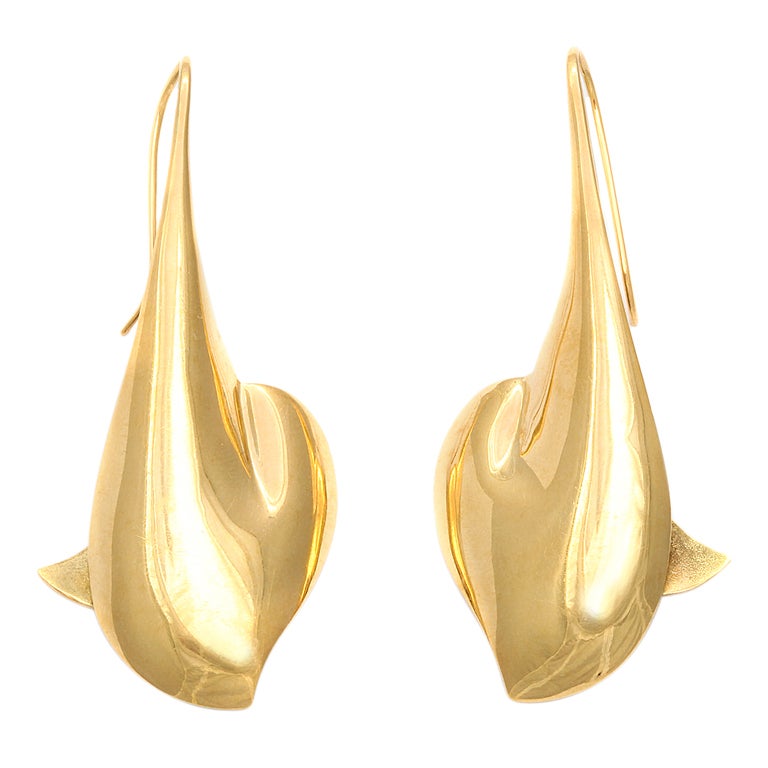 1960's Gold Dolphin Drop Earrings For Sale