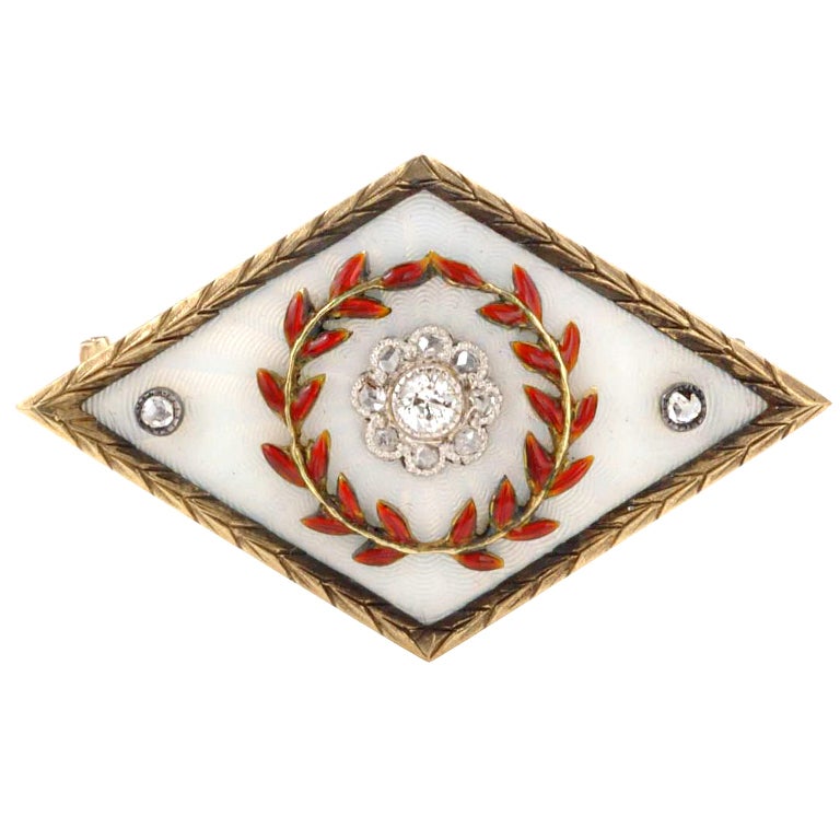 FABERGÉ Enamel Diamond Lozenge-shaped Brooch For Sale