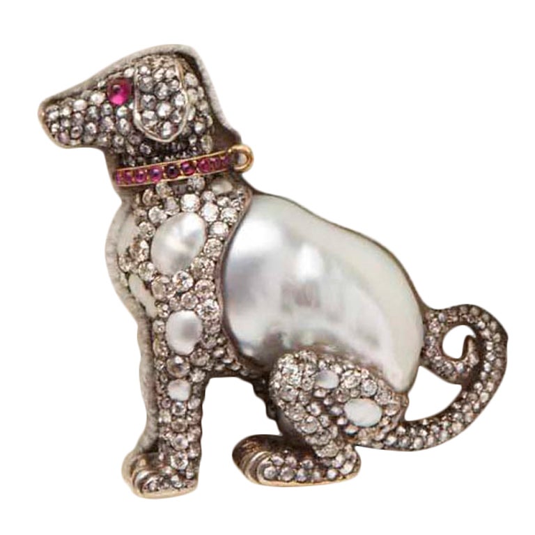 Russian  Diamond Pearl Ruby Collared Puppy Pin For Sale