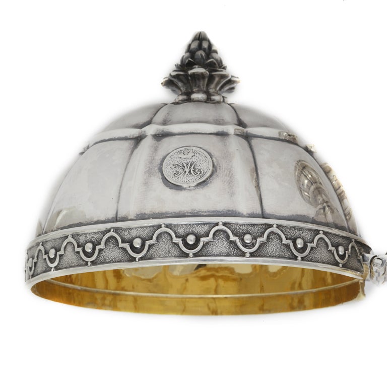 Covered circular silver soap dish with the monogram of Grand  Duchess Maria Nikolaevna on one side and the Russian Imperial Eagle on the other. Set with a pine cone finial and gilded silver interior, by the Russian Imperial court silversmiths,