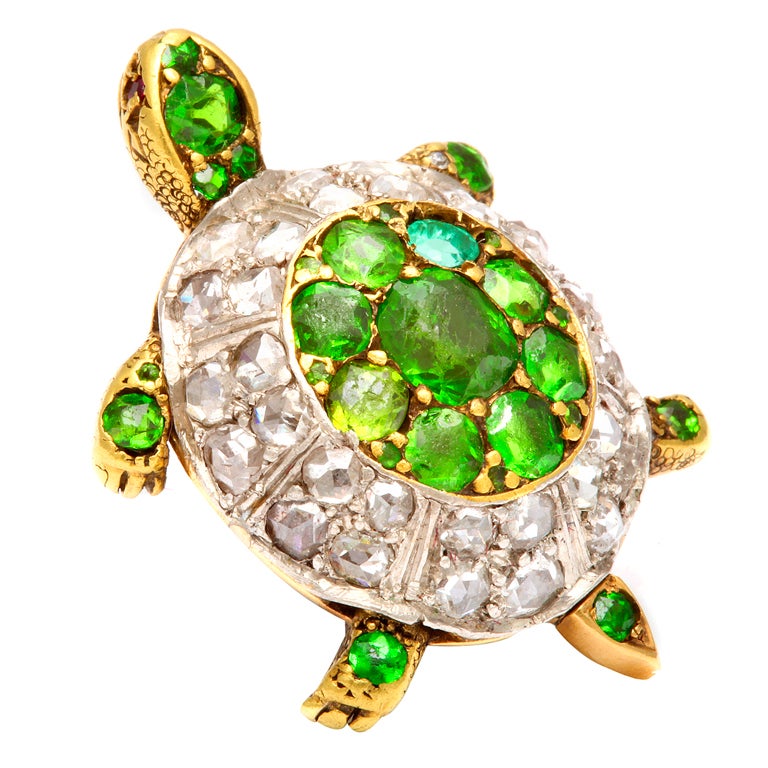 Demantoid Garnet and Diamond Turtle Brooch For Sale