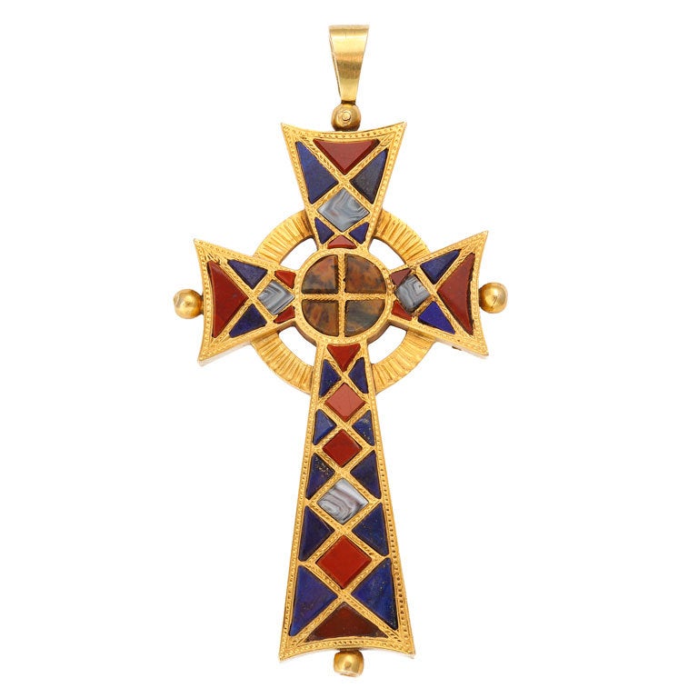 Victorian Scottish Celtic Cross Gold and Hardstone Pendant