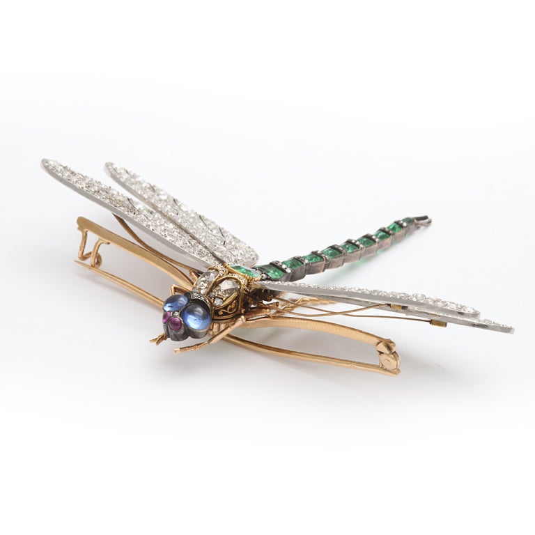 Art Deco Rare French Diamond Emerald Dragonfly Pin Attributed to Fouquet