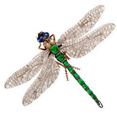 Antique Rare French Diamond Emerald Dragonfly Pin Attributed to Fouquet