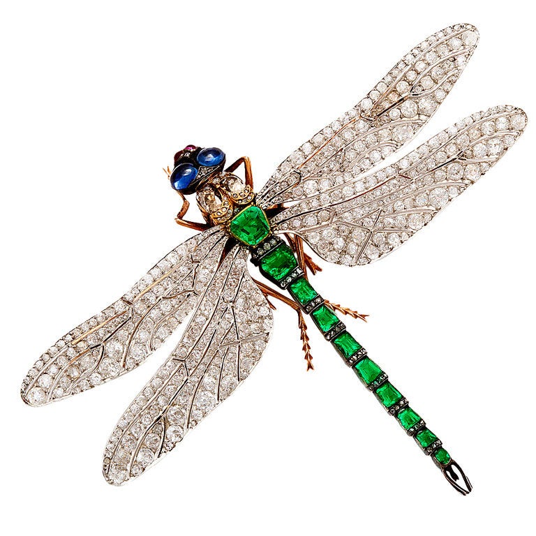 Rare French Diamond Emerald Dragonfly Pin Attributed to Fouquet