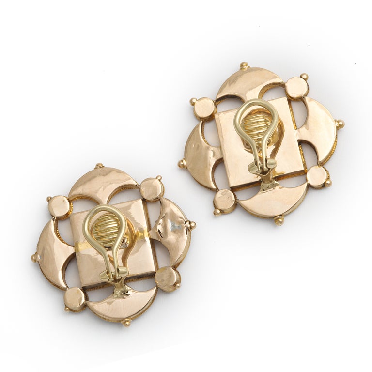 Pair of Victorian micromosaic butterfly clip earrings, worked in a quatrefoil shape and set in 15K yellow gold.